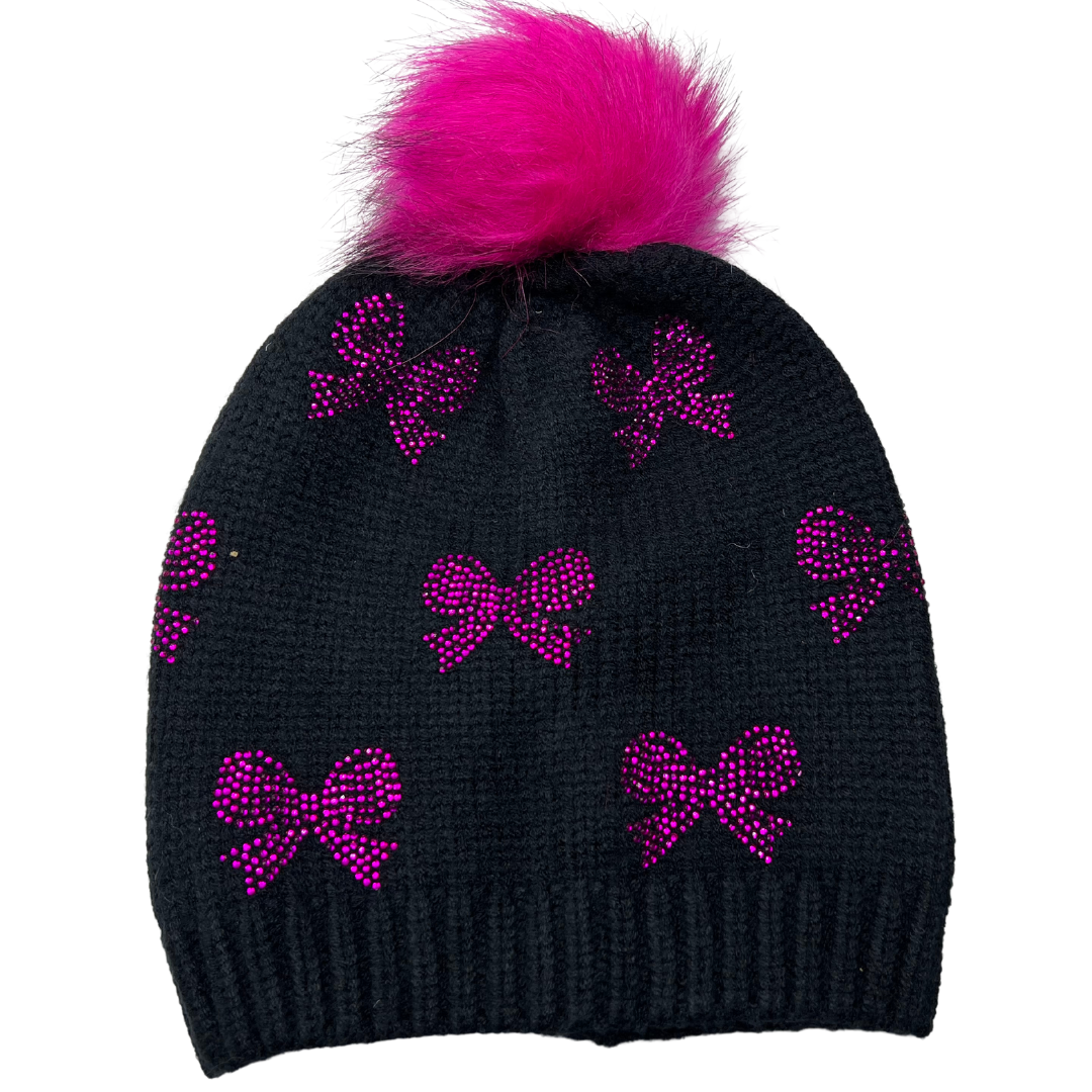 Black Beanie with Pink Rhinestones, Bows and PomPom