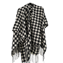 Load image into Gallery viewer, Checkered Hooded, Fringed Houndstooth Ruana with Armholes
