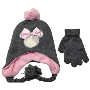 Minnie Mouse Lined Flap Hat with Pink Pom Pom & Bow and Mittens