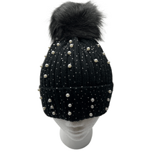 Load image into Gallery viewer, Pearl &amp; Sequin Cuffed Beanie with PomPom
