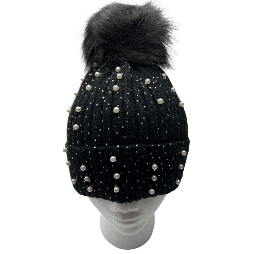 Pearl & Sequin Cuffed Beanie with PomPom