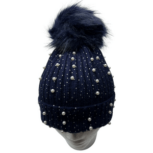 Pearl & Sequin Cuffed Beanie with PomPom