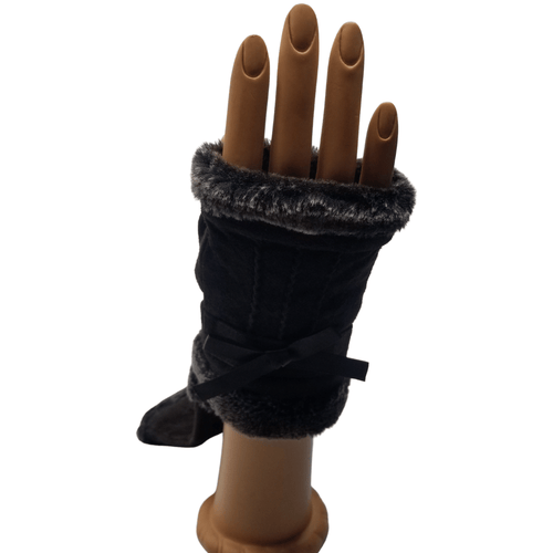 Pig Suede Fingerless Gloves with a Bow & Fur Cuff - The Glove Lady