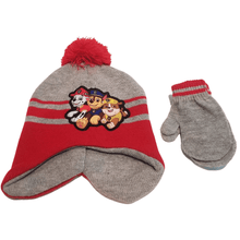 Load image into Gallery viewer, Paw Patrol Grey &amp; Red Flap Hat with PomPom &amp; Mittens - The Glove Lady

