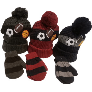 Sports Motif Cuff Hat with PomPom & Mittens - The Glove Lady